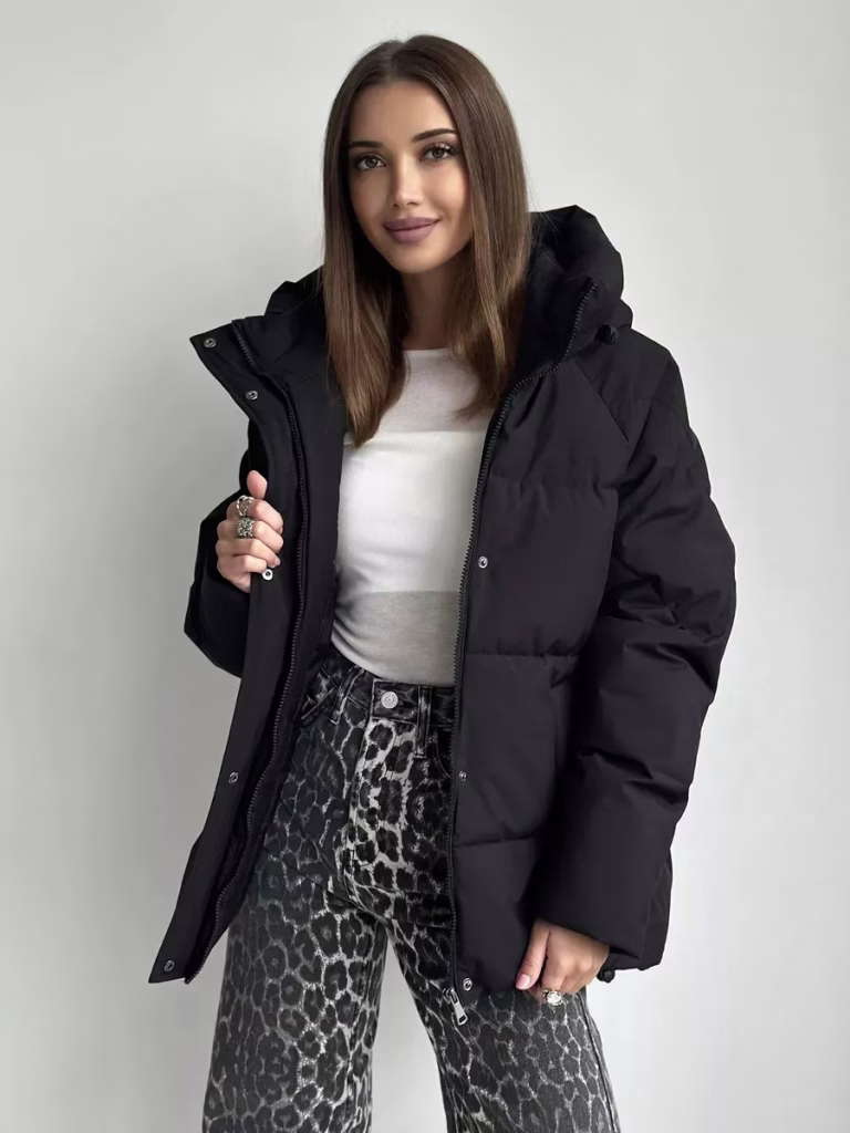 Women’s Cropped Hooded Puffer Jacket with Snap Pockets