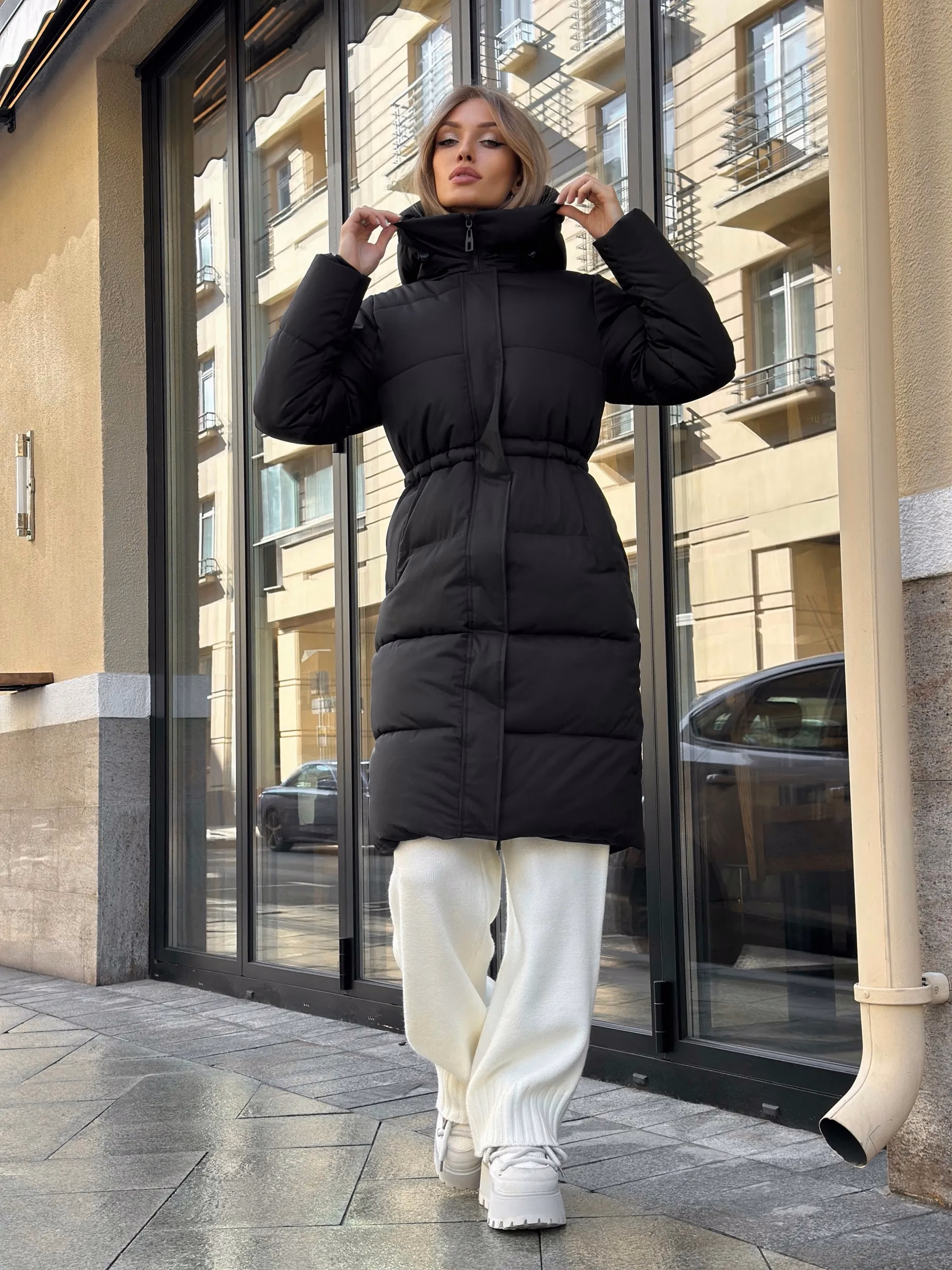 Women’s Long Hooded Winter Coat with Quilted Panels