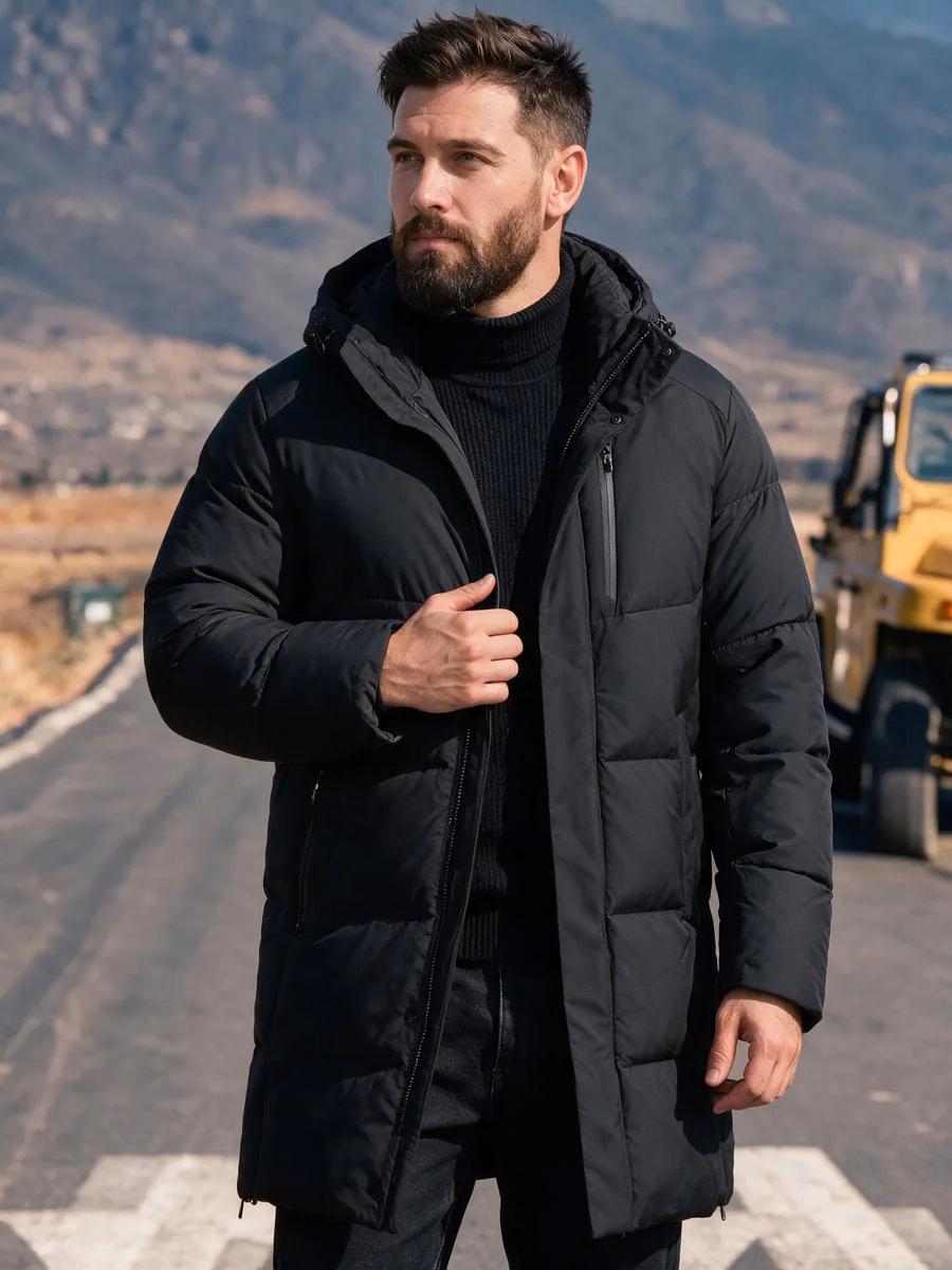 Men’s Long Hooded Quilted Winter Coat